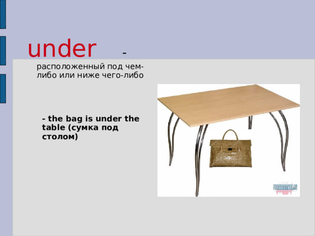 under   - расположенный под чем-либо или ниже чего-либо - the bag is under the table (сумка под столом) 