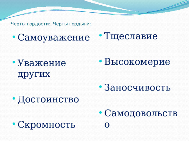   Черты гордости: Черты гордыни: Тщеславие Высокомерие Заносчивость Самодовольство Самоуважение Уважение других Достоинство Скромность 