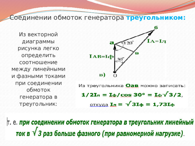 Соединении обмоток генератора треугольником: Из векторной диаграммы рисунка легко определить соотношение между линейными и фазными токами при соединении обмоток генератора в треугольник:   