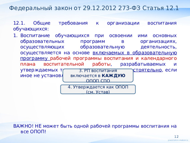 Федеральный закон от 29.12.2012 273-ФЗ Статья 12.1 12.1. Общие требования к организации воспитания обучающихся: Воспитание обучающихся при освоении ими основных образовательных программ в организациях, осуществляющих образовательную деятельность, осуществляется на основе включаемых в образовательную программу рабочей программы воспитания и календарного плана воспитательной работы , разрабатываемых и утверждаемых такими организациями самостоятельно , если иное не установлено настоящим ФЗ. ВАЖНО! НЕ может быть одной рабочей программы воспитания на все ОПОП! 3. РП воспитания включается в КАЖДУЮ ОПОП СПО 4. Утверждается как ОПОП (см. Устав)  