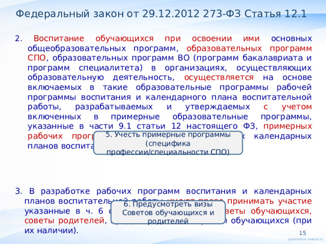 Федеральный закон от 29.12.2012 273-ФЗ Статья 12.1 2. Воспитание обучающихся при освоении ими основных общеобразовательных программ, образовательных программ СПО , образовательных программ ВО (программ бакалавриата и программ специалитета) в организациях, осуществляющих образовательную деятельность, осуществляется на основе включаемых в такие образовательные программы рабочей программы воспитания и календарного плана воспитательной работы, разрабатываемых и утверждаемых с учетом включенных в примерные образовательные программы, указанные в части 9.1 статьи 12 настоящего ФЗ, примерных рабочих программ воспитания и примерных календарных планов воспитательной работы. 3. В разработке рабочих программ воспитания и календарных планов воспитательной работы имеют право принимать участие указанные в ч. 6 ст. 26 настоящего ФЗ советы обучающихся, советы родителей , представительные органы обучающихся (при их наличии). 5. Учесть примерные программы (специфика профессии/специальности СПО) 6. Предусмотреть визы Советов обучающихся и родителей  