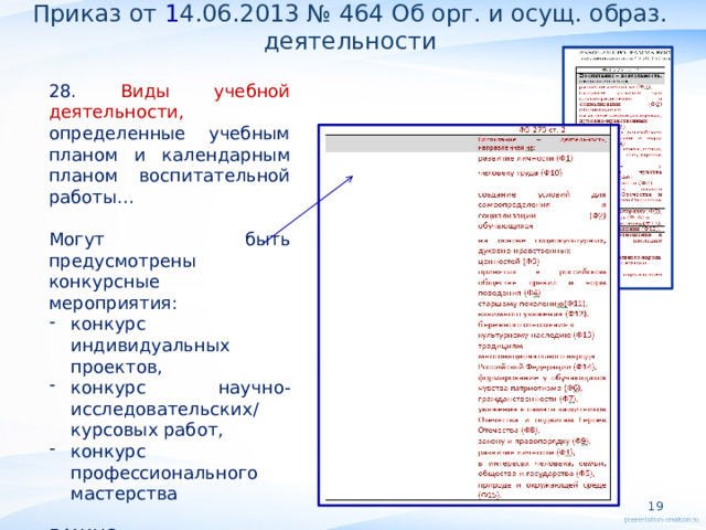 Приказ от 1 4.06.2013 № 464 Об орг. и осущ. образ. деятельности       28. Виды учебной деятельности, определенные учебным планом и календарным планом воспитательной работы… Могут быть предусмотрены конкурсные мероприятия: конкурс индивидуальных проектов, конкурс научно-исследовательских/ курсовых работ, конкурс профессионального мастерства ВАЖНО: воспитательная работа осуществляется и на учебных занятиях!   