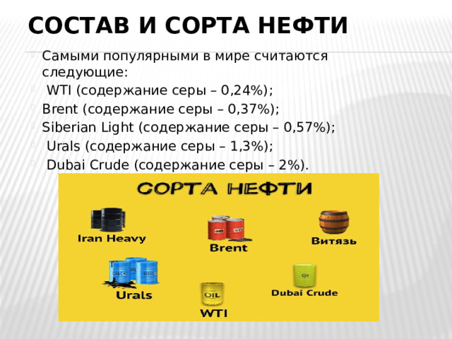 Состав и сорта нефти Самыми популярными в мире считаются следующие:  WTI (содержание серы – 0,24%); Brent (содержание серы – 0,37%); Siberian Light (содержание серы – 0,57%);  Urals (содержание серы – 1,3%);  Dubai Crude (содержание серы – 2%). 