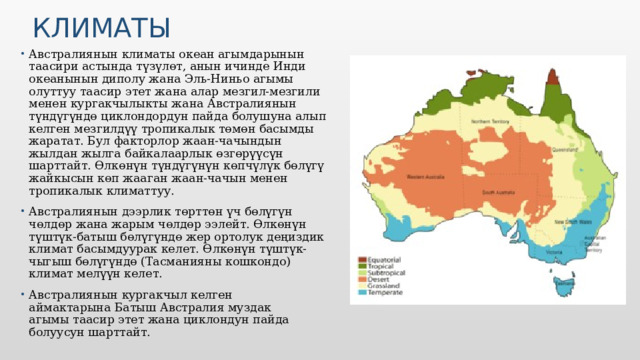 Климаты Австралиянын климаты океан агымдарынын таасири астында түзүлөт, анын ичинде Инди океанынын диполу жана Эль-Ниньо агымы олуттуу таасир этет жана алар мезгил-мезгили менен кургакчылыкты жана Австралиянын түндүгүндө циклондордун пайда болушуна алып келген мезгилдүү тропикалык төмөн басымды жаратат. Бул факторлор жаан-чачындын жылдан жылга байкалаарлык өзгөрүүсүн шарттайт. Өлкөнүн түндүгүнүн көпчүлүк бөлүгү жайкысын көп жааган жаан-чачын менен тропикалык климаттуу. Австралиянын дээрлик төрттөн үч бөлүгүн чөлдөр жана жарым чөлдөр ээлейт. Өлкөнүн түштүк-батыш бөлүгүндө жер ортолук деңиздик климат басымдуурак келет. Өлкөнүн түштүк-чыгыш бөлүгүндө (Тасманияны кошкондо) климат мелүүн келет. Австралиянын кургакчыл келген аймактарына Батыш Австралия муздак агымы таасир этет жана циклондун пайда болуусун шарттайт. Вставьте изображение времени года в вашей стране.  