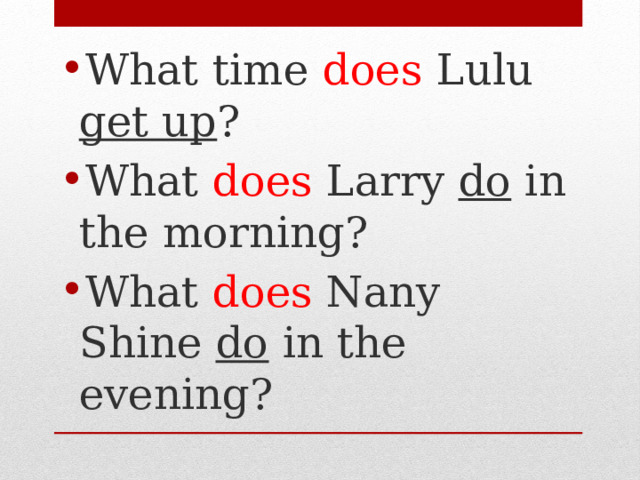 What time does Lulu get up ? What does Larry do in the morning? What does Nany Shine do in the evening? 
