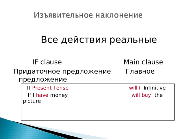  Все действия реальные  IF clause  Main clause Придаточное предложение Главное предложение  If Present Tense will+ Infinitive  If I have money I will buy the picture 