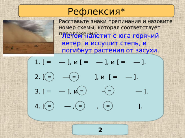 Рефлексия* Расставьте знаки препинания и назовите номер схемы, которая соответствует предложению. Летом налетит с юга горячий ветер и иссушит степь, и погибнут растения от засухи. Летом налетит с юга горячий ветер и иссушит степь и погибнут растения от засухи. 1. [ ═  ― ] ,  и [ ═  ― ] , и [ ═  ― ] . 2. [ ―  и ] , и [ ═  ― ] . 3. [ ═  ― ] , и [ ―  и ― ] . 4. [ ― , и , и ] .  ═ ═ ═ ═ *Задание повышенной сложности. ═ ═ ═ 2 Проверьте себя 