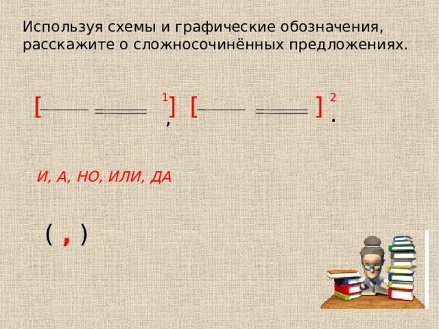 Используя схемы и графические обозначения, расскажите о сложносочинённых предложениях. 2 ] [ [  ] 1 . , И, А, НО, ИЛИ, ДА ( , ) 