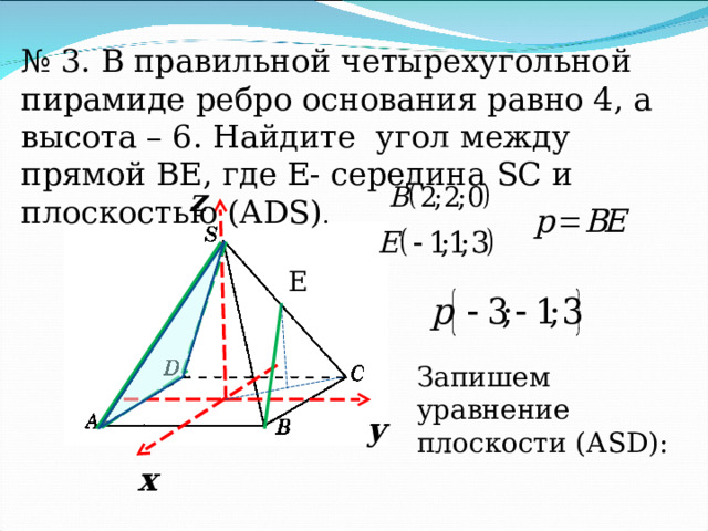 № 3. В правильной четырехугольной пирамиде ребро основания равно 4, а высота – 6. Найдите угол между прямой ВЕ, где Е- середина SC и плоскостью (А DS ) . z E Запишем уравнение плоскости (А SD ): y х 