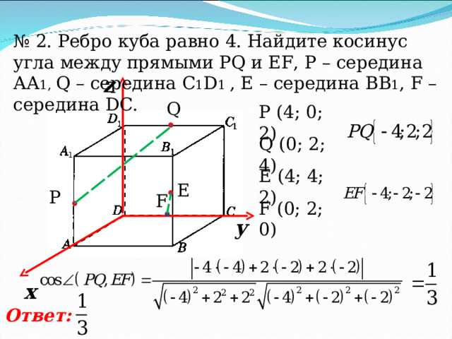 № 2. Ребро куба равно 4. Найдите косинус угла между прямыми PQ и EF , P – середина АА 1, Q – середина С 1 D 1 , Е – середина ВВ 1 , F – середина DC. z Q Р ( 4 ; 0; 2 ) Q (0; 2; 4) E (4; 4; 2) E P F F (0; 2; 0) у х Ответ: 