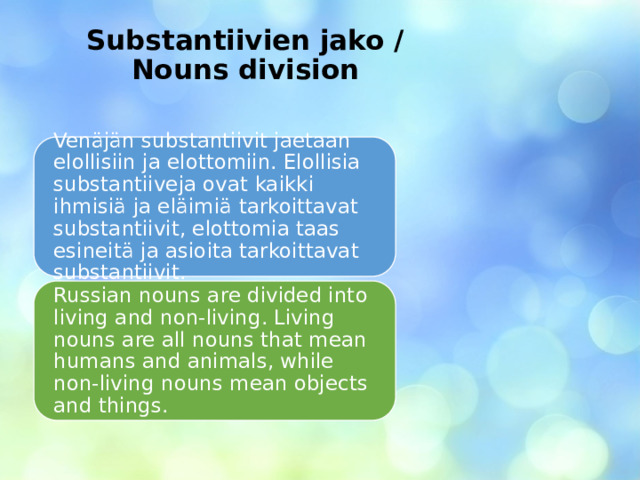 Substantiivien jako /  Nouns division Venäjän substantiivit jaetaan elollisiin ja elottomiin. Elollisia substantiiveja ovat kaikki ihmisiä ja eläimiä tarkoittavat substantiivit, elottomia taas esineitä ja asioita tarkoittavat substantiivit. Russian nouns are divided into living and non-living. Living nouns are all nouns that mean humans and animals, while non-living nouns mean objects and things. 