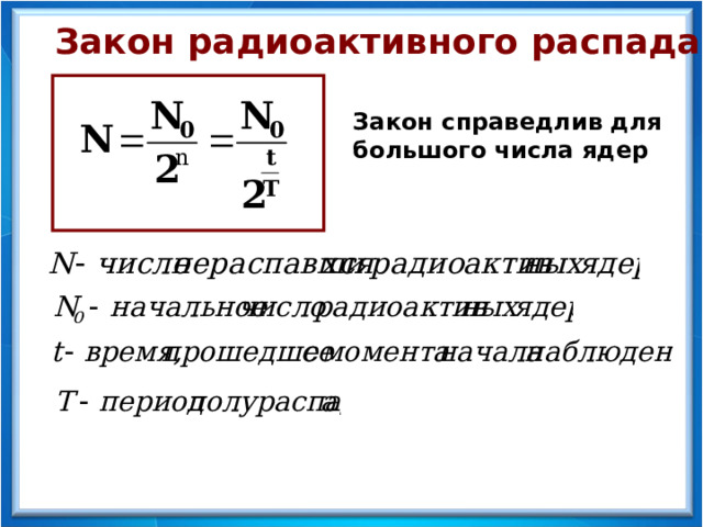 Закон радиоактивного распада Закон справедлив для большого числа ядер  