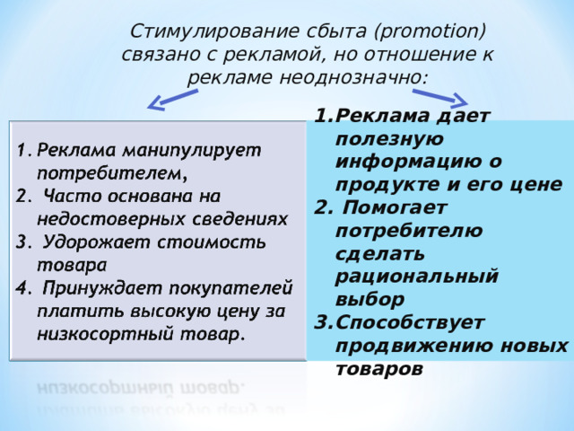 Стимулирование сбыта (promotion) связано с рекламой, но отношение к рекламе неоднозначно: Реклама дает полезную информацию о продукте и его цене  Помогает потребителю сделать рациональный выбор Способствует продвижению новых товаров 7 