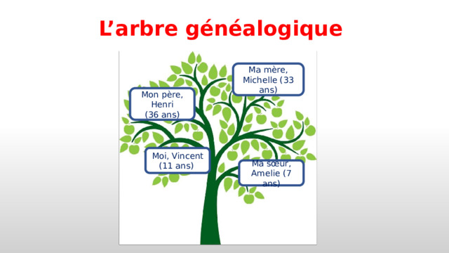 L’arbre généalogique Ma mère, Michelle (33 ans) Mon père, Henri (36 ans) Moi, Vincent (11 ans) Ma sœur, Amelie (7 ans) 