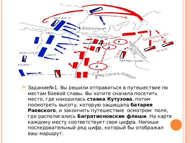 Задание№1. Вы решили отправиться в путешествие по местам боевой славы. Вы хотите сначала посетить место, где находилась ставка Кутузова , потом посмотреть высоту, которую защищала батарея Раевского , и закончить путешествие осмотром поля, где располагались Багратионовские флеши . На карте каждому месту соответствует своя цифра. Напиши последовательный ряд цифр, который бы отображал ваш маршрут. _____________________ 