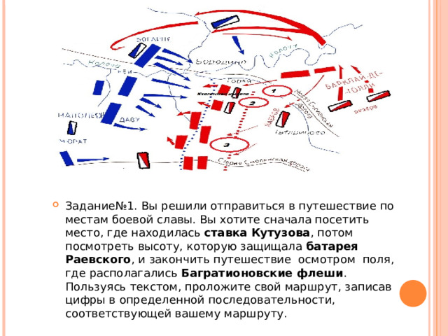 Задание№1. Вы решили отправиться в путешествие по местам боевой славы. Вы хотите сначала посетить место, где находилась ставка Кутузова , потом посмотреть высоту, которую защищала батарея Раевского , и закончить путешествие осмотром поля, где располагались Багратионовские флеши . Пользуясь текстом, проложите свой маршрут, записав цифры в определенной последовательности, соответствующей вашему маршруту. 123 