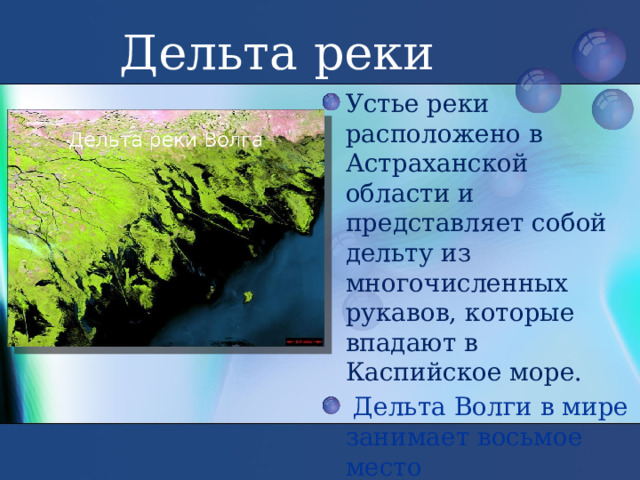 Дельта реки Устье реки расположено в Астраханской области и представляет собой дельту из многочисленных рукавов, которые впадают в Каспийское море.  Дельта Волги в мире занимает восьмое место 