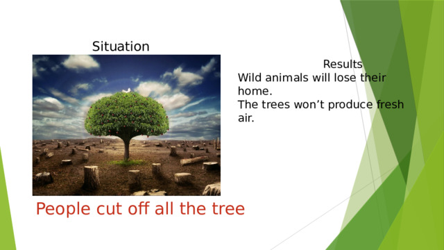 Situation  Results Wild animals will lose their home. The trees won’t produce fresh air. People cut off all the tree 