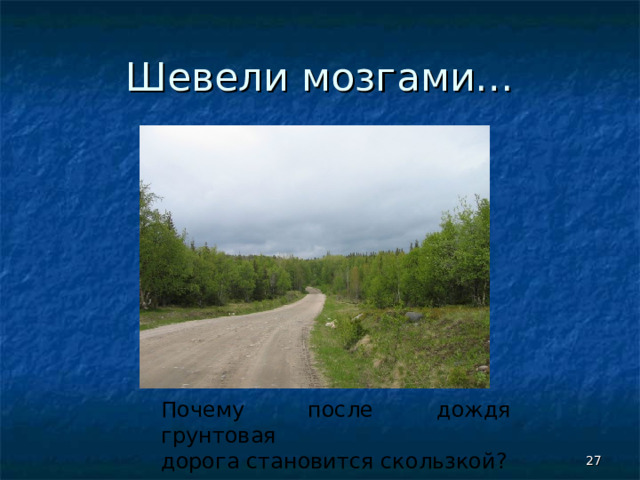 Шевели мозгами… Почему после дождя грунтовая дорога становится скользкой?  