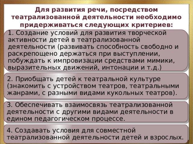 Для развития речи, посредством театрализованной деятельности необходимо придерживаться следующих критериев: 1. Создание условий для развития творческой активности детей в театрализованной деятельности (развивать способность свободно и раскрепощено держаться при выступлении, побуждать к импровизации средствами мимики, выразительных движений, интонации и т.д.) 2. Приобщать детей к театральной культуре (знакомить с устройством театров, театральными жанрами, с разными видами кукольных театров). 3. Обеспечивать взаимосвязь театрализованной деятельности с другими видами деятельности в едином педагогическом процессе. 4. Создавать условия для совместной театрализованной деятельности детей и взрослых. 