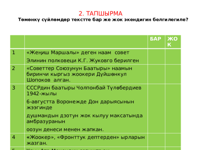 2. Тапшырма  Төмөнкү сүйлөмдөр текстте бар же жок экендигин белгилегиле?   1 «Жеңиш Маршалы» деген наам совет 2 БАР Элинин полковеци К.Г. Жуковго берилген 3 «Советтер Союзунун Баатыры» наамын биринчи кыргыз жоокери Дүйшөнкул Шопоков алган. ЖОК СССРдин баатыры Чолпонбай Түлөбердиев 1942-жылы 4 6-августта Воронежде Дон дарыясынын жээгинде « Жоокер», «Фронттук дептерден» ырларын жазган. 5 душмандын дзотун жок кылуу максатында амбразуранын Улуу Ата Мекендик согушта эң биринчилерден аялдардан Советтер Союзунун Баатыры деген наам Зоя Космодемьянскаяга берилген. оозун денеси менен жапкан. 