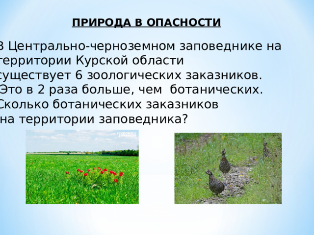 ПРИРОДА В ОПАСНОСТИ В Центрально-черноземном заповеднике на территории Курской области существует 6 зоологических заказников.  Это в 2 раза больше, чем ботанических. Сколько ботанических заказников  на территории заповедника?  