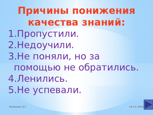 Причины понижения качества знаний: Пропустили. Недоучили. Не поняли, но за помощью не обратились. Ленились. Не успевали. 15.11.2022 Комкина О.Г. 