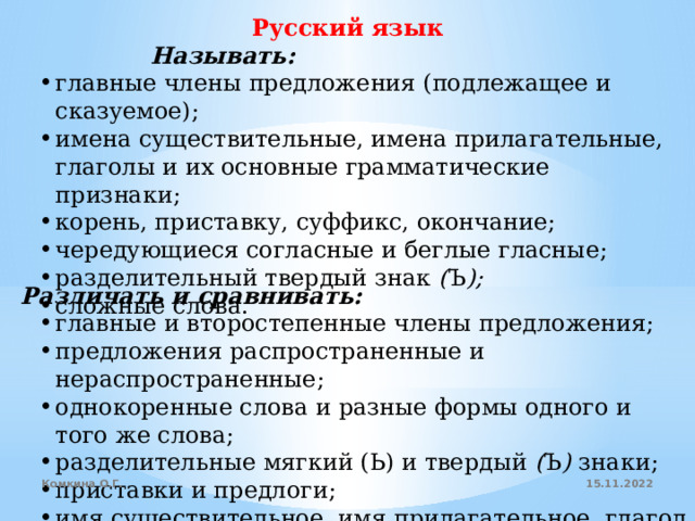 Русский язык                  Называть: главные члены предложения (подлежащее и сказуемое); имена существительные, имена прилагательные, глаголы и их основные грамматические признаки; корень, приставку, суффикс, окончание; чередующиеся согласные и беглые гласные; разделительный твердый знак  ( Ъ ); сложные слова. Различать и сравнивать: главные и второстепенные члены предложения; предложения распространенные и нераспространенные; однокоренные слова и разные формы одного и того же слова; разделительные мягкий (Ь) и твердый  ( Ъ )  знаки; приставки и предлоги; имя существительное, имя прилагательное, глагол по их грамматическим признакам. 15.11.2022 Комкина О.Г. 