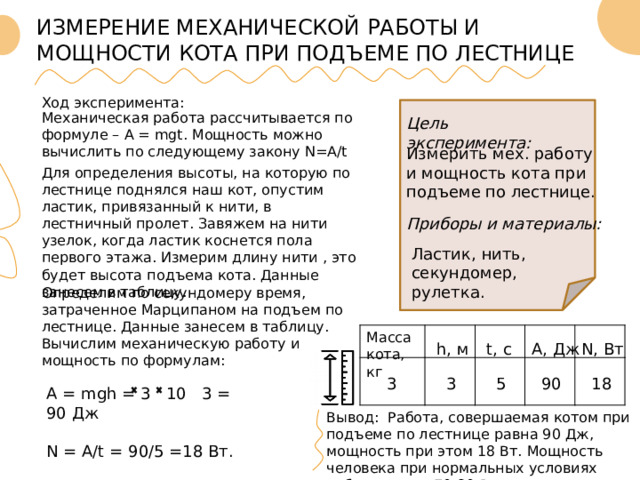 ИЗМЕРЕНИЕ МЕХАНИЧЕСКОЙ РАБОТЫ И МОЩНОСТИ КОТА ПРИ ПОДЪЕМЕ ПО ЛЕСТНИЦЕ Ход эксперимента: Механическая работа рассчитывается по формуле – А = mgt. Мощность можно вычислить по следующему закону N=A/t Цель эксперимента: Измерить мех. работу и мощность кота при подъеме по лестнице. Для определения высоты, на которую по лестнице поднялся наш кот, опустим ластик, привязанный к нити, в лестничный пролет. Завяжем на нити узелок, когда ластик коснется пола первого этажа. Измерим длину нити , это будет высота подъема кота. Данные занесем в таблицу. Приборы и материалы: Ластик, нить, секундомер, рулетка. Определим по секундомеру время, затраченное Марципаном на подъем по лестнице. Данные занесем в таблицу. Вычислим механическую работу и мощность по формулам: Масса кота, кг N, Вт A, Дж t, c h, м 3 3 5 90 18 А = mgh = 3 10 3 = 90 Дж N = A/t = 90/5 =18 Вт. Вывод: Работа, совершаемая котом при подъеме по лестнице равна 90 Дж, мощность при этом 18 Вт. Мощность человека при нормальных условиях работы равна 70-80 Вт.  