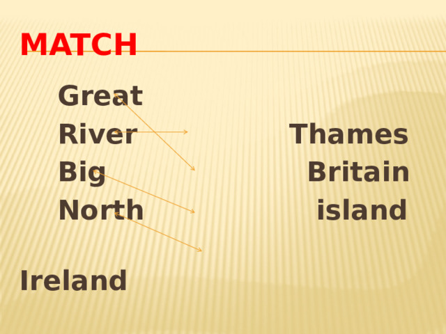 Match  Great  River Thames  Big Britain  North island  Ireland 