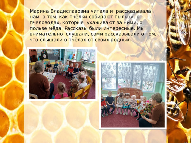 Марина Владиславовна читала и рассказывала нам о том, как пчёлки собирают пыльцу, о пчеловодах, которые ухаживают за ними, о пользе мёда. Рассказы были интересные. Мы внимательно слушали, сами рассказывали о том, что слышали о пчёлах от своих родных. Марина  