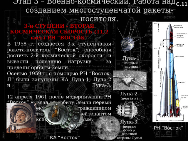 С.11 Этап 3 – Военно-космический. Работа над созданием многоступенчатой ракеты-носителя. 3-и СТУПЕНИ - ВТОРАЯ КОСМИЧЕСКАЯ СКОРОСТЬ (11,2 км/с) РН “ВОСТОК” В 1958 г. создается 3-х ступенчатая ракета-носитель “Восток”, способная достичь 2-й космической скорости и вывести полезную нагрузку за пределы орбиты Земли. Осенью 1959 г. с помощью РН “Восток-Л” были запущены КА Луна-1, Луна-2 и Луна-3 .   12 апреля 1961 после модернизации РН “Восток” вывела на орбиту Земли первый КА с человеком на борту, гражданином СССР, летчиком, ст. лейтенантом Юрием Алексеевичем Гагариным. Луна-1 (первый  спутник Солнца) Луна-2 (первая на Луне) Луна-3 (первые фотогр. обратной стороны Луны) РН “Восток” КА “Восток” 