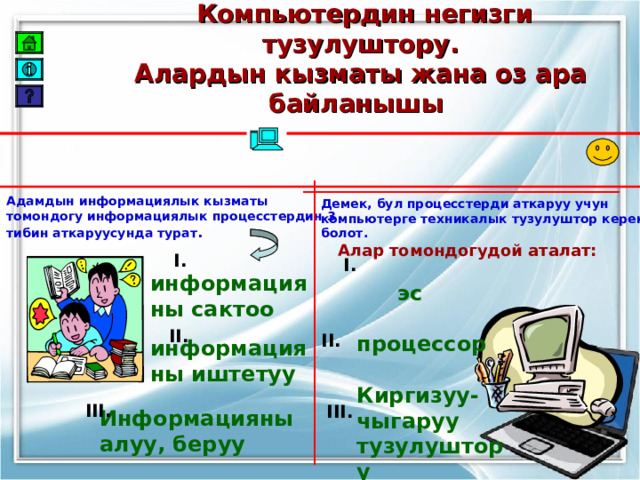  Компьютердин негизги тузулуштору.  Алардын кызматы жана оз ара байланышы    Адамдын информациялык кызматы томондогу информациялык процесстердин 3 тибин аткаруусунда турат . Демек, бул процесстерди аткаруу учун компьютерге техникалык тузулуштор керек болот.  Алар томондогудой аталат:  информацияны сактоо I. I.  эс  процессор  Киргизуу-чыгаруу тузулуштору  информацияны иштетуу II. II. III. III. Информацияны алуу, беруу 