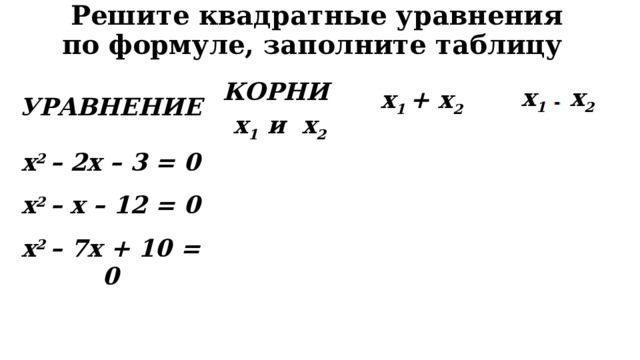 Решите квадратные уравнения по формуле, заполните таблицу  УРАВНЕНИЕ  x 2 – 2x – 3 = 0 КОРНИ  x 2 – x – 12 = 0 x 1 и x 2 x 1 + x 2  x 2 – 7x + 10 = 0 x 1 x 2 