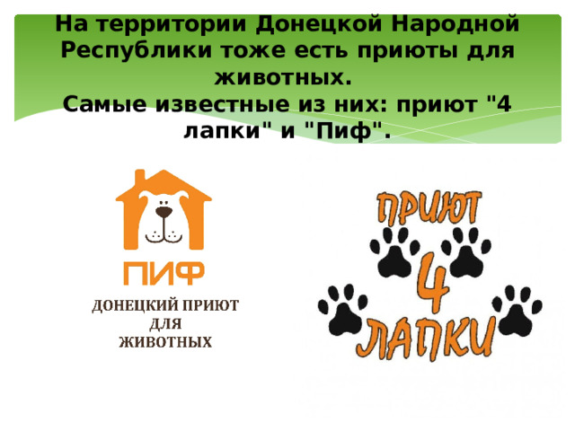 На территории Донецкой Народной Республики тоже есть приюты для животных.  Самые известные из них: приют 