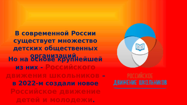 В современной России существует множество детских общественных организаций. Но на основе крупнейшей из них - Российского движения школьников – в 2022-м создали новое Российское движение детей и молодежи . 