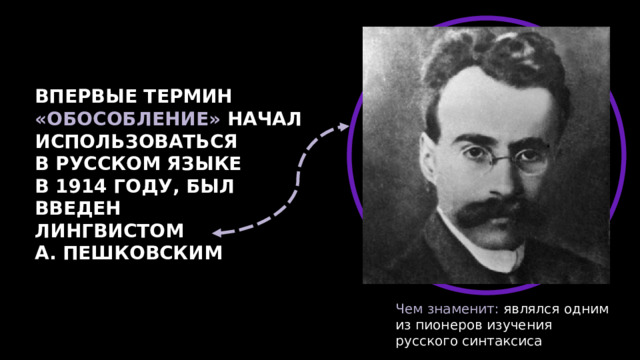 ВПЕРВЫЕ ТЕРМИН «ОБОСОБЛЕНИЕ» НАЧАЛ ИСПОЛЬЗОВАТЬСЯ В РУССКОМ ЯЗЫКЕ В 1914 ГОДУ, БЫЛ ВВЕДЕН ЛИНГВИСТОМ А. ПЕШКОВСКИМ Чем знаменит: являлся одним из пионеров изучения русского синтаксиса  