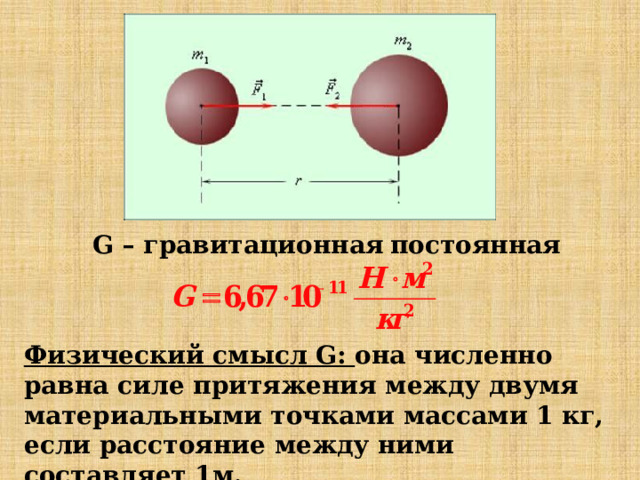 G – гравитационная  постоянная Физический смысл G: она численно равна силе притяжения между двумя материальными точками массами 1 кг, если расстояние между ними составляет 1м. 
