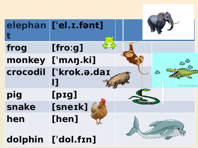 elephant [ˈel.ɪ.fənt] frog [froːɡ] monkey [ˈmʌŋ.ki] crocodil [ˈkrok.ə.daɪl] pig [pɪɡ] snake hen [sneɪk]  [hen] dolphin  [ˈdol.fɪn]   