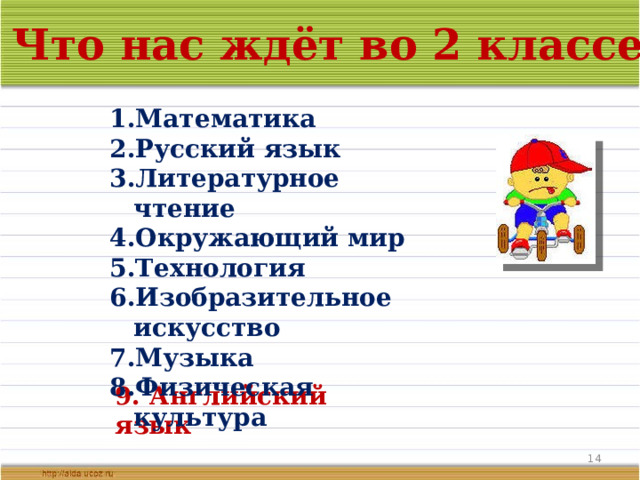 Что нас ждёт во 2 классе? Математика Русский язык Литературное чтение Окружающий мир Технология Изобразительное искусство Музыка Физическая культура 9. Английский язык    