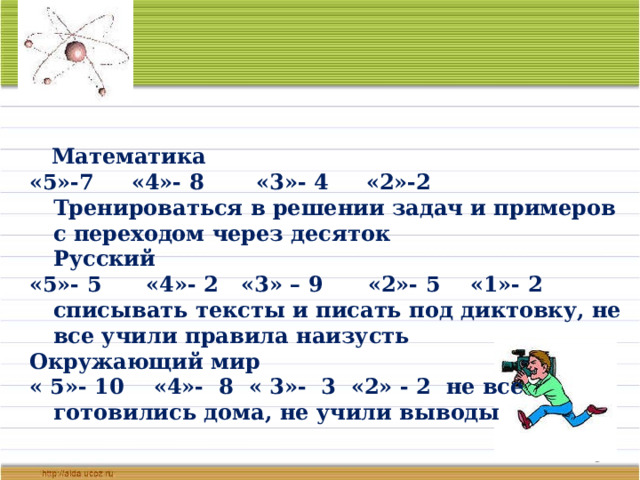  Математика «5»-7 «4»- 8 «3»- 4 «2»-2 Тренироваться в решении задач и примеров с переходом через десяток  Русский «5»- 5 «4»- 2 «3» – 9 «2»- 5 «1»- 2 списывать тексты и писать под диктовку, не все учили правила наизусть Окружающий мир « 5»- 10 «4»- 8 « 3»- 3 «2» - 2 не все готовились дома, не учили выводы    