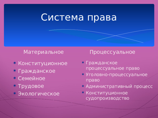 Система права Материальное Процессуальное Конституционное Гражданское Семейное Трудовое Экологическое Гражданское процессуальное право Уголовно-процессуальное право Административный процесс Конституционное судопроизводство 