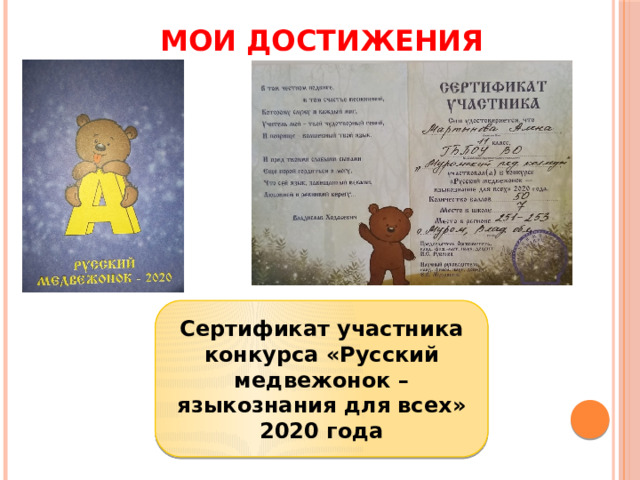 МОИ ДОСТИЖЕНИЯ Сертификат участника конкурса «Русский медвежонок – языкознания для всех» 2020 года 