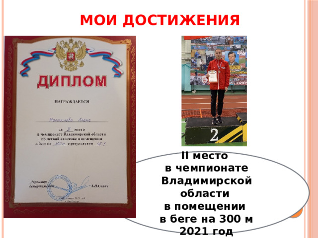 МОИ ДОСТИЖЕНИЯ II место в чемпионате Владимирской области в помещении в беге на 300 м 2021 год 