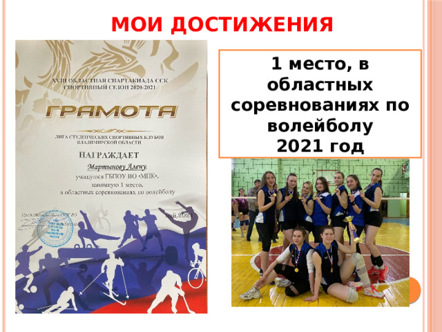 МОИ ДОСТИЖЕНИЯ 1 место, в областных соревнованиях по волейболу 2021 год 
