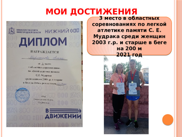 МОИ ДОСТИЖЕНИЯ 3 место в областных соревнованиях по легкой атлетике памяти С. Е. Мудрака среди женщин 2003 г.р. и старше в беге на 200 м 2021 год 