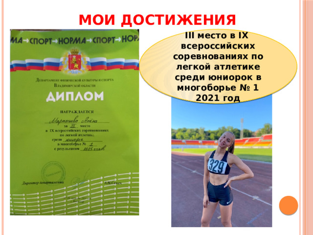 МОИ ДОСТИЖЕНИЯ III место в IX всероссийских соревнованиях по легкой атлетике среди юниорок в многоборье № 1 2021 год 