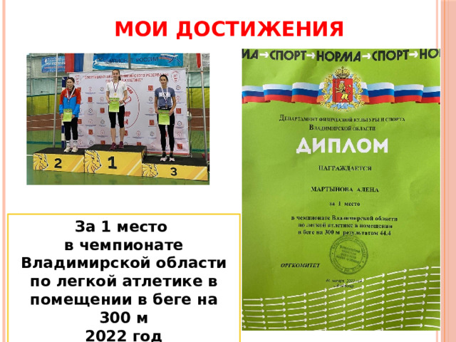 МОИ ДОСТИЖЕНИЯ За 1 место в чемпионате Владимирской области по легкой атлетике в помещении в беге на 300 м 2022 год 