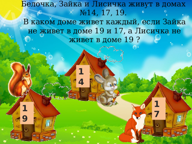 Белочка, Зайка и Лисичка живут в домах  №14, 17, 19.  В каком доме живет каждый, если Зайка не живет в доме 19 и 17, а Лисичка не живет в доме 19 ?   14 17 19 