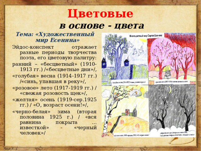 Цветовые   в основе - цвета Тема: «Художественный мир Есенина» Эйдос-конспект отражает разные периоды творчества поэта, его цветовую палитру: ранний – «бесцветный» (1910-1913 гг.) /«бесцветные дни»/, «голубая» весна (1914-1917 гг.) /«синь, упавшая в реку»/, «розовое» лето (1917-1919 гг.) / «свежая розовость щек»/, «желтая» осень (1919-сер.1925 гг.) / «О, возраст осени!»/, «черно-белая» зима (вторая половина 1925 г.) / «вся равнина покрыта … известкой» - «черный человек»/ 